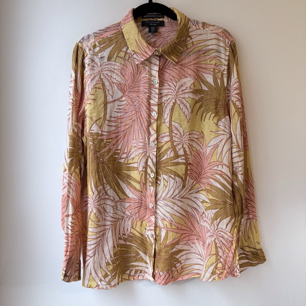 Tahari Linen Button Up Shirt Medium Multicolor Tropical Hawaiian Beach